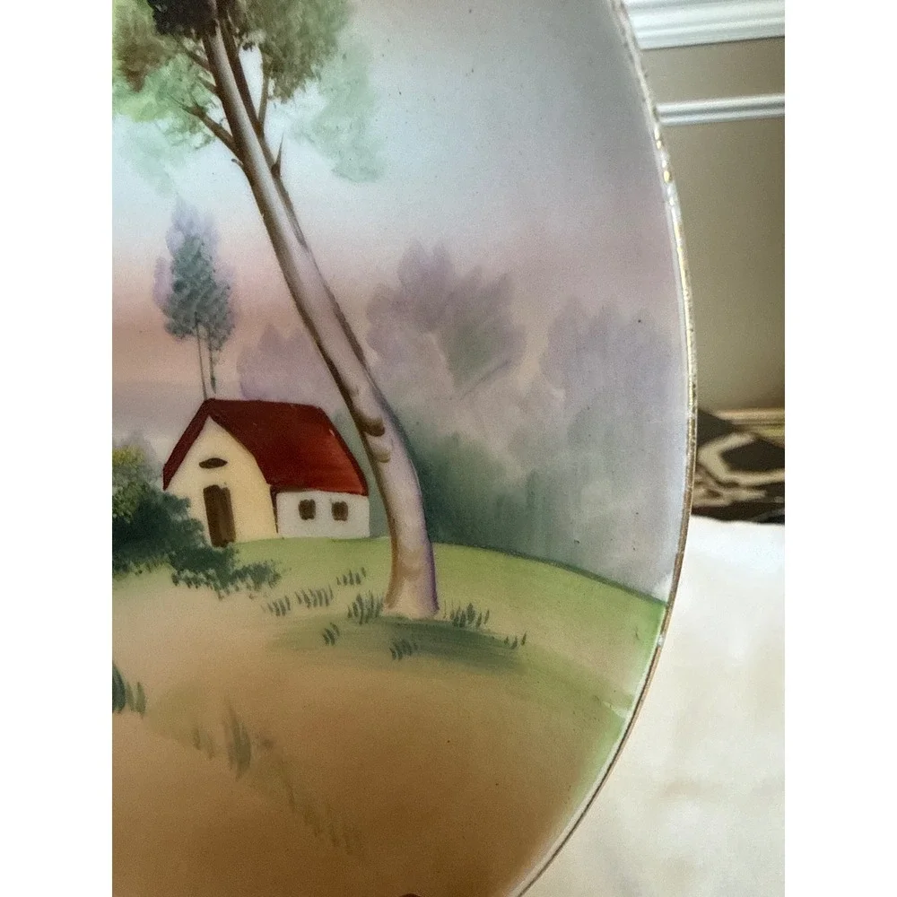 Meito China Hand Painted Landscape Plate Cottage Scene Japan 7.75in Vintage